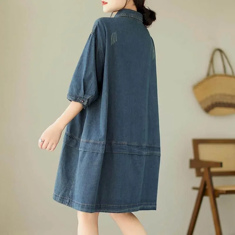 Pop Blue Denim Dresses Women Polo-neck Casual Loose A-line Single Breasted Shirts Skirts Pocket Design Vintage Trend Artistic Dr