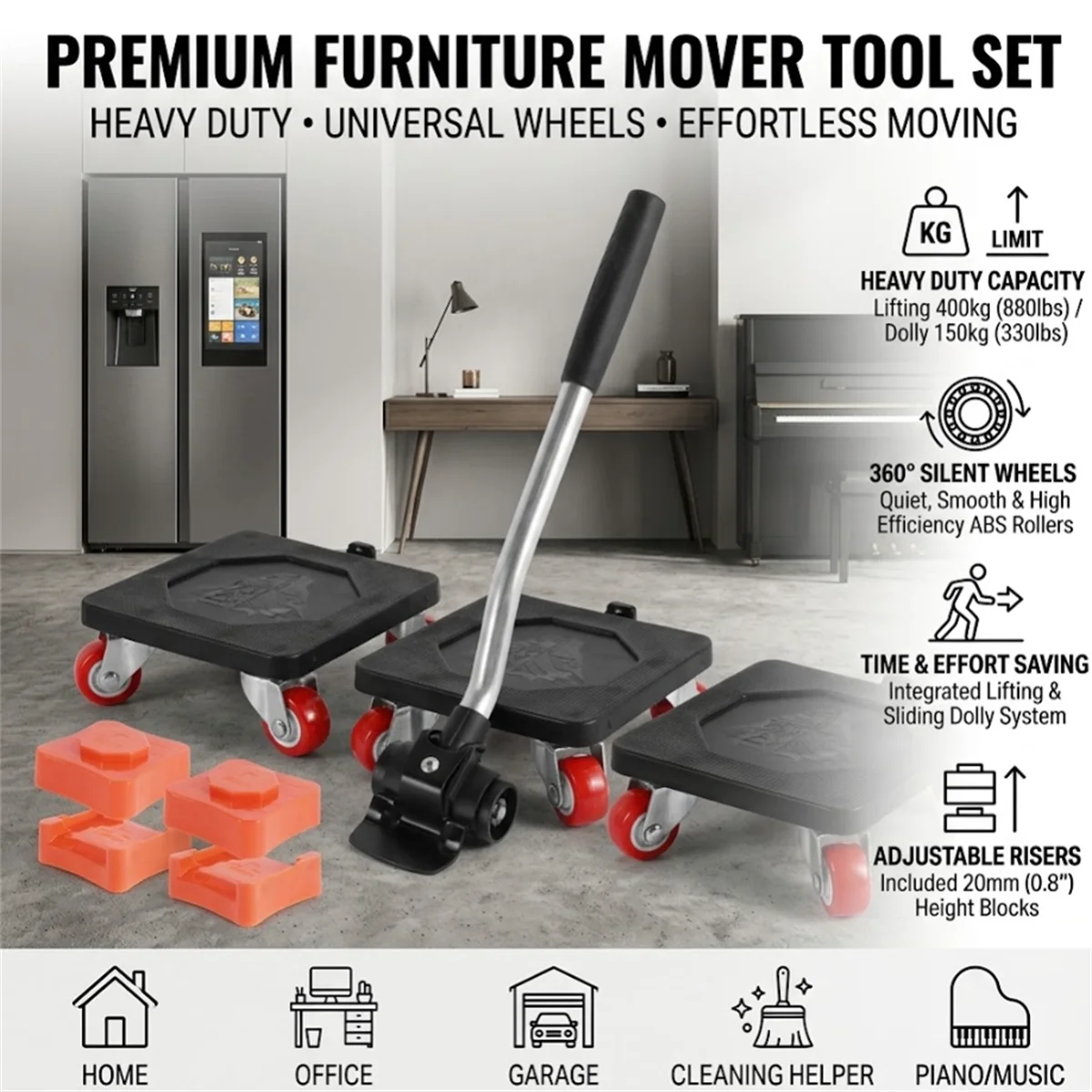 Heavy Duty Furniture Lifter Moving Tool Set 360 Degree Swivel Caster Wheels 400KG 880Lbs Rollers Sliders for Sofa Fridge Desk