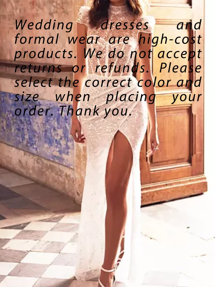 Elegant High Collar Sequined Beads Ruched Straight Bride Wedding Dresses Bridal Gowns Customized