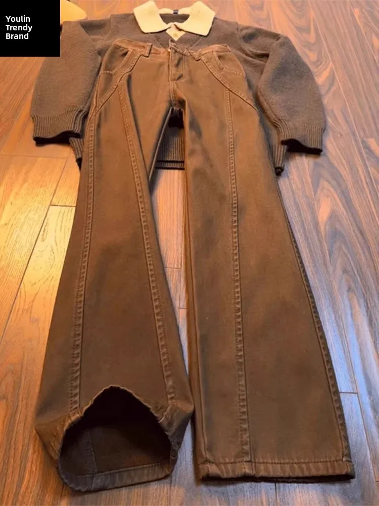 

Мужские джинсы с низкой посадкой, прямого кроя, на флисовой подкладке, расклешенные, в винтажном американском стиле, рабочие брюки, повседневные джинсы