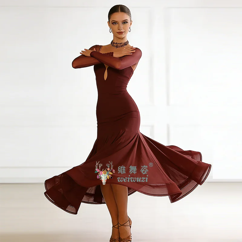 Modernes Tanzkostüm Jujube Ballsaal-Übungskleid Langärmliges Standardkleid Rückenfreies Walzerkleid Ärmelloses Wettkampfkleid – Detail 6