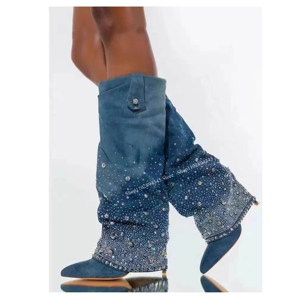 Blue Denim Crystal Patchwork Boots Thin High Heel Knee High Fashion 2023 Summer Casual Big Size Woman Shoes Zapatillas Mujer