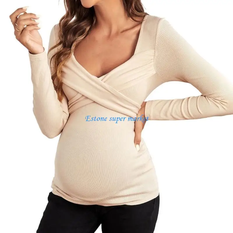 

090B Elegant Nursing Top for Moms Ribbed V Neck Crossing Wrap Design Soft Long Sleeve Shirt
