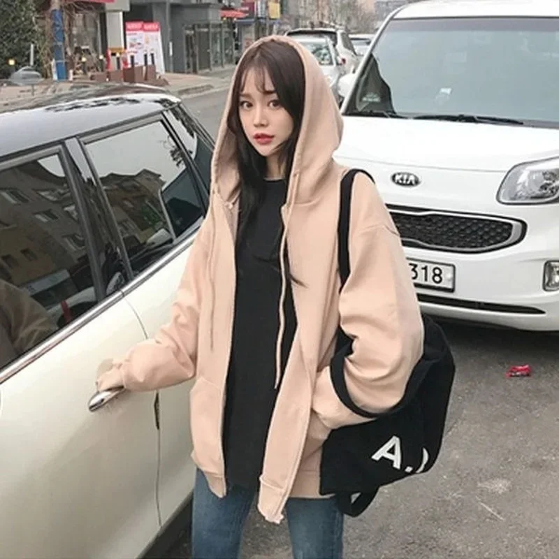 Oversize Hoodies Women Brown Zip Up Sweatshirt Summer Jacket Clothes Plus Size Vintage Pockets Long Sleeve Pullovers Women