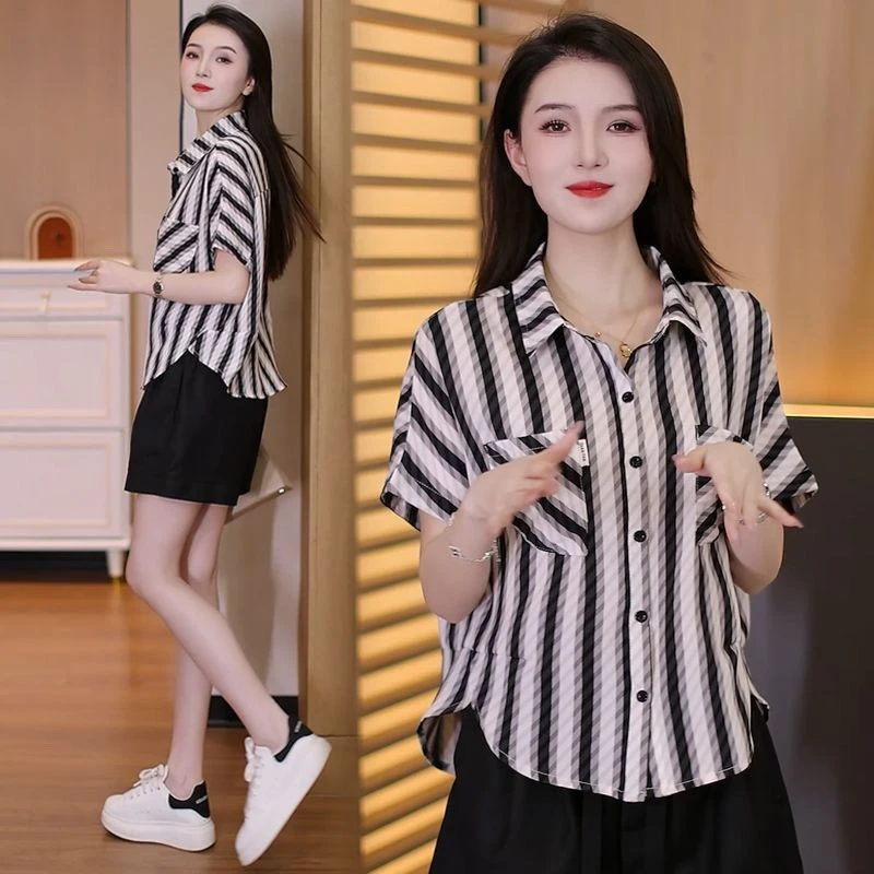 Summer Slimming Ice Silk Loose Striped Women's Shirt Fashionable Trendy Belly Covering Casual Style Short Sleeve T-Shirt 3
