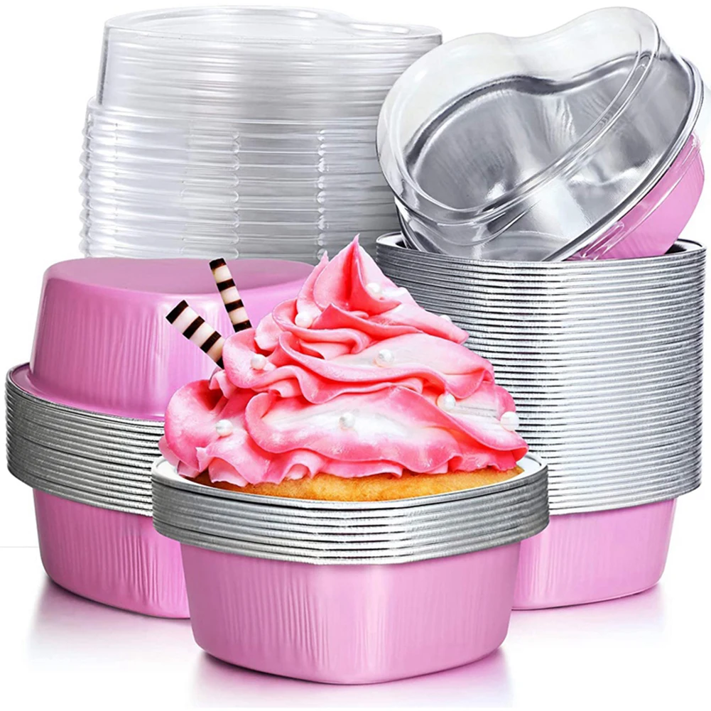 50 Pcs 55ml Tin Foil Aluminum Foil Pudding  Cup With Lid Heart-shaped Disposable Mini Mousse Cupcake Containers Baking Mould