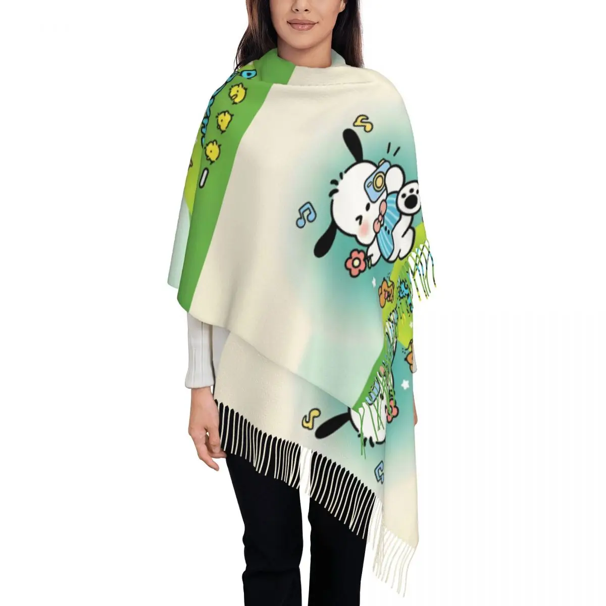 

Модный аниме Pochacco шарф с кисточками на заказ, женские зимние теплые шали, женские милые шарфы с героями мультфильмов