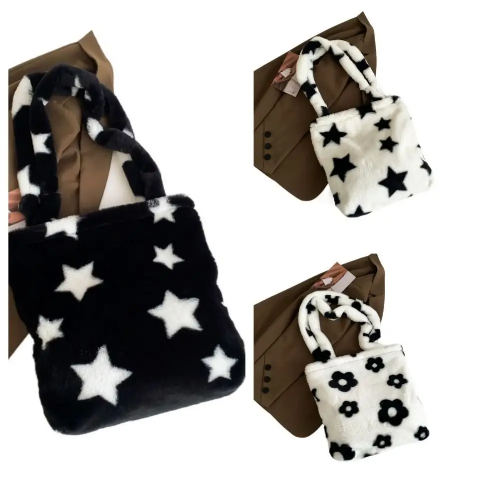 Fluffy Flower Plush Tote Bag Sweet Large Capacity Handbag Plush Shoulder Bag Underarm Bag Crossbody Bag Star Tote Bag Winter