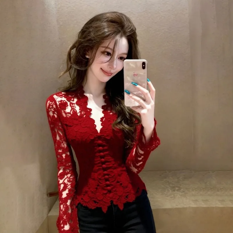 High-end Exquisite Temperament Celebrity Red V-neck Top Autumn Winter New Natal Year Waist Pinch Lace Shirt Women's Exquisite