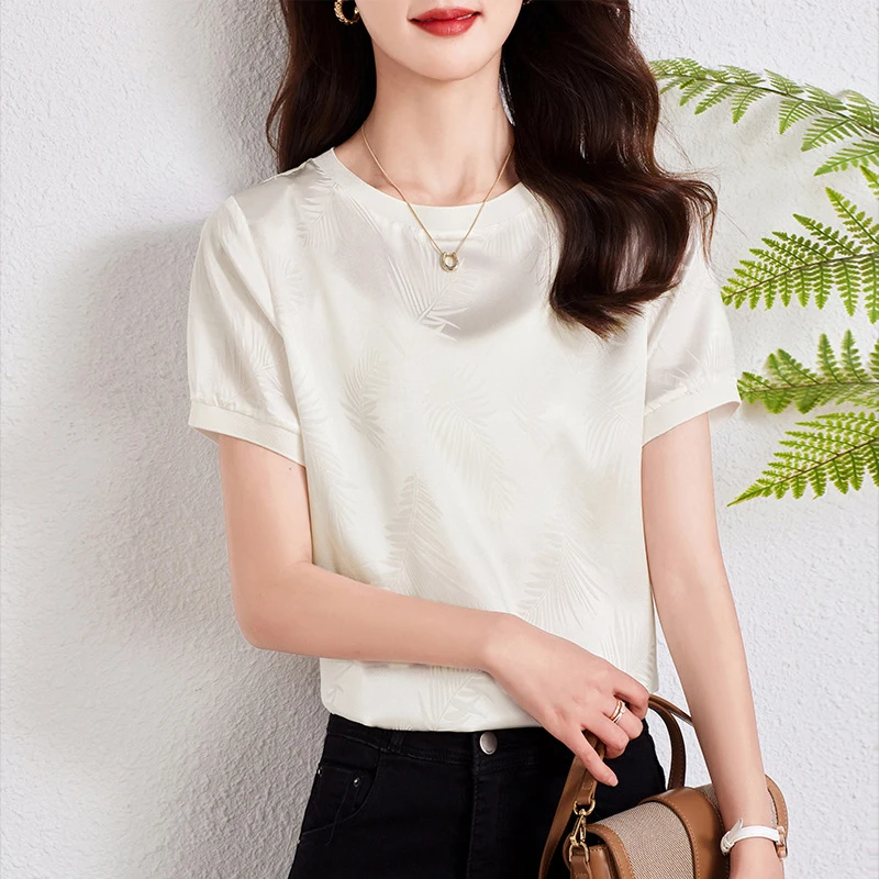 Real Silk Women's Satin T-shirt Short Sleeve Tees Loose Tops Woman Casual Tshirt 2026 Summer Elegant T-shirts for Women
