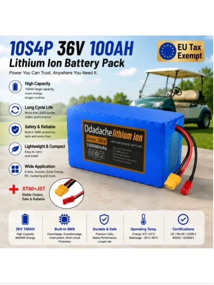 36V 100Ah Lithium-Ionen-Akku 10S4P 1000W mit BMS, wasserdicht, für Elektrofahrrad, E-Bike, Roller, Mountainbike