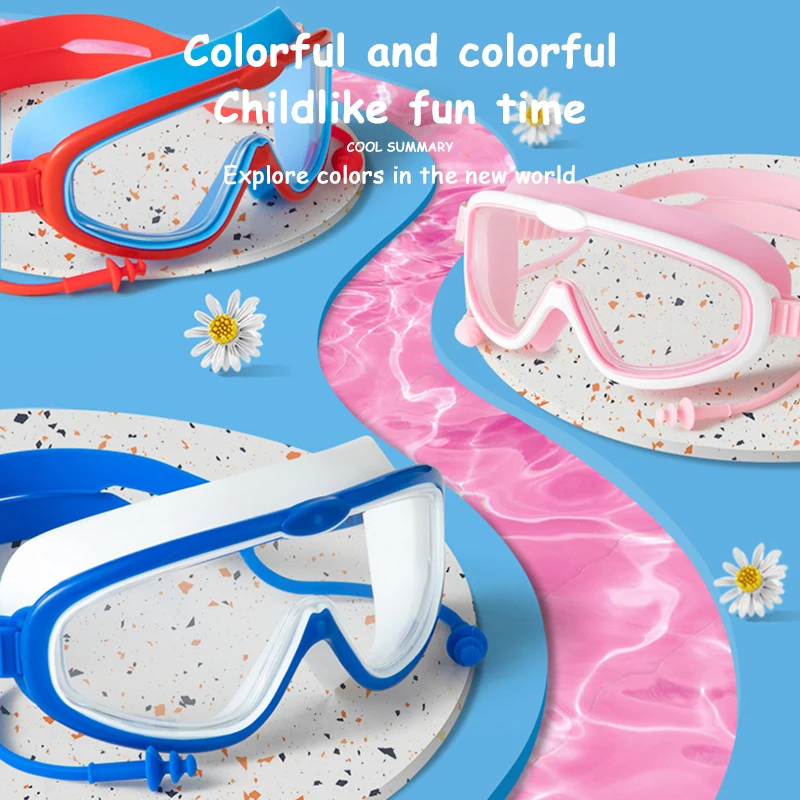 Large Frame Swimming Goggles with Earplugs for Kids High Quality Children's Antifog Swim Pool Glasses Waterproof HD Swim Eyewear