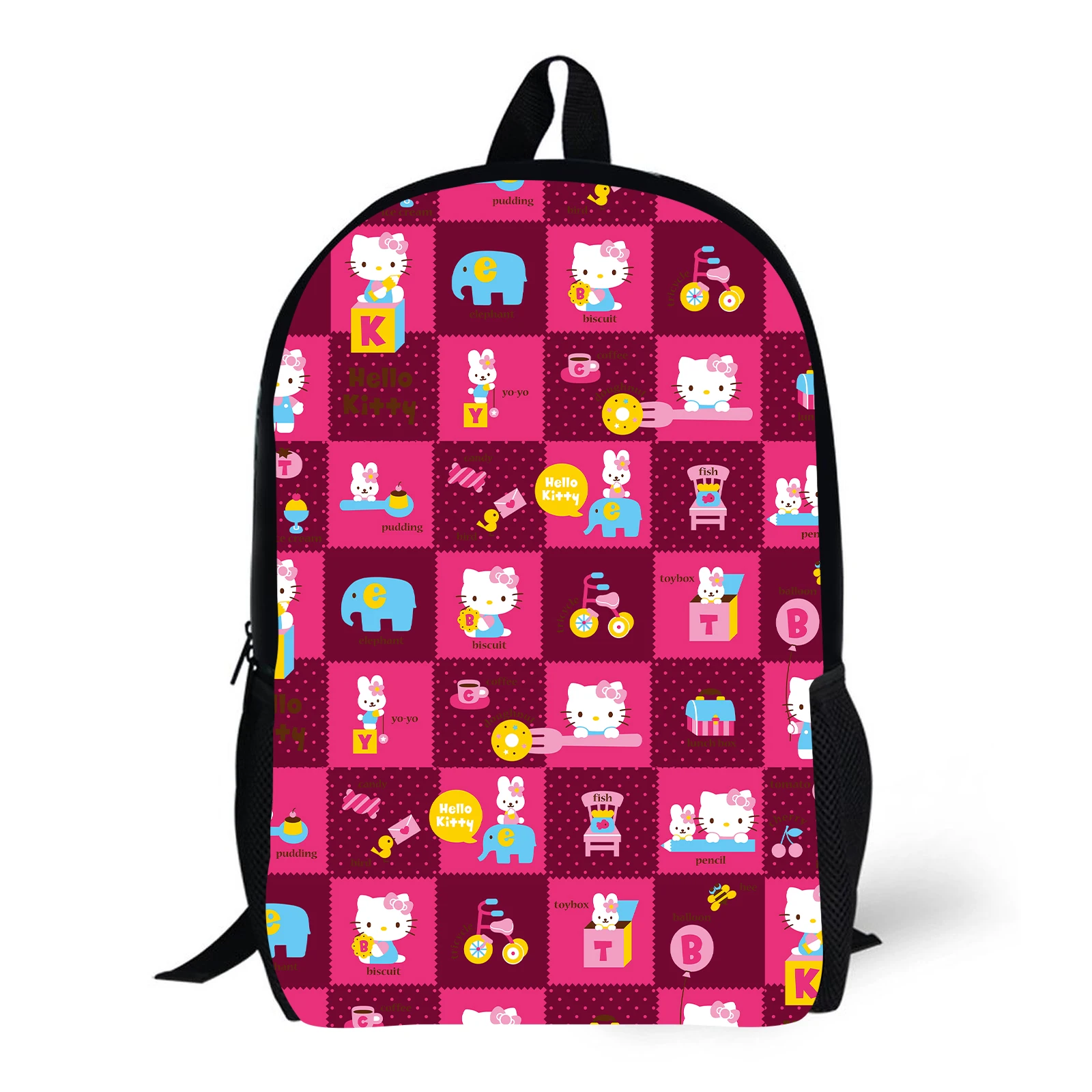 

A cute two tone checkered printed backpack with Hello Kitty pattern, suitable for students' daily travel and leisure