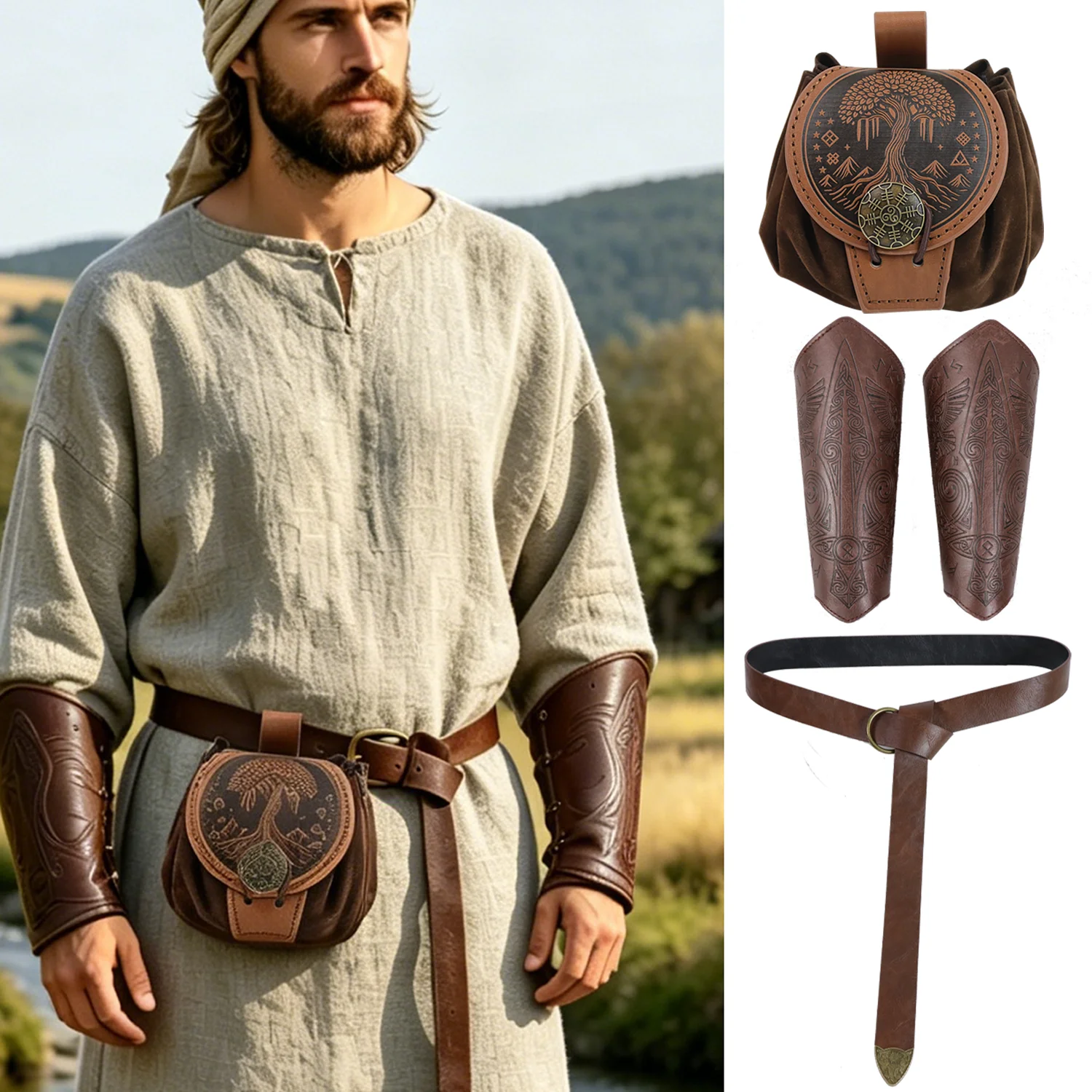 Renaissance belt Halloween medieval Viking belt waist bag artificial leather Viking wrist guard, Halloween, party, cosplay props