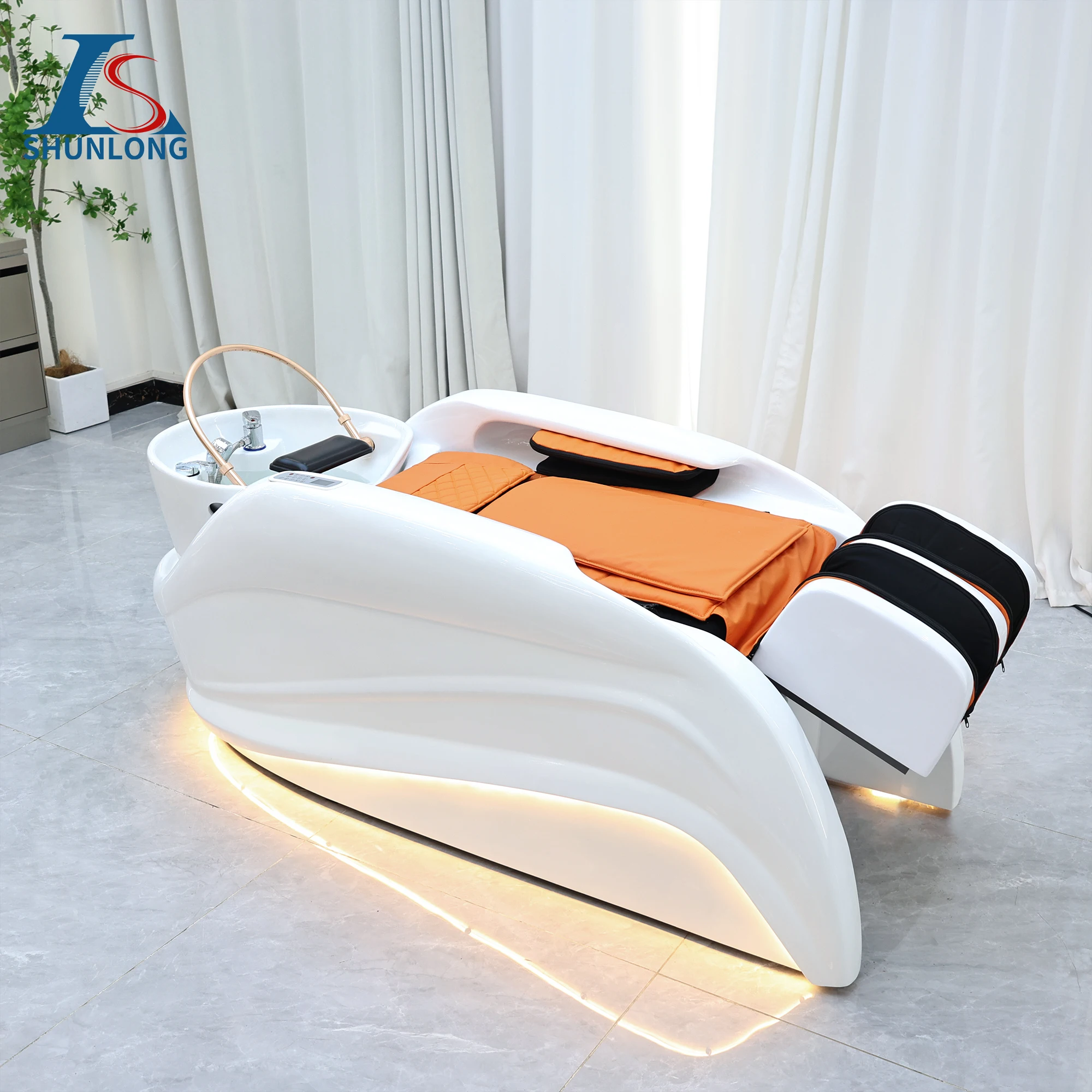 Multifunctional Electric Shampoo Massage Table, Reclining Hair Washing Chair with Fumigator, Water Cycle Ring Shower and LED Lig