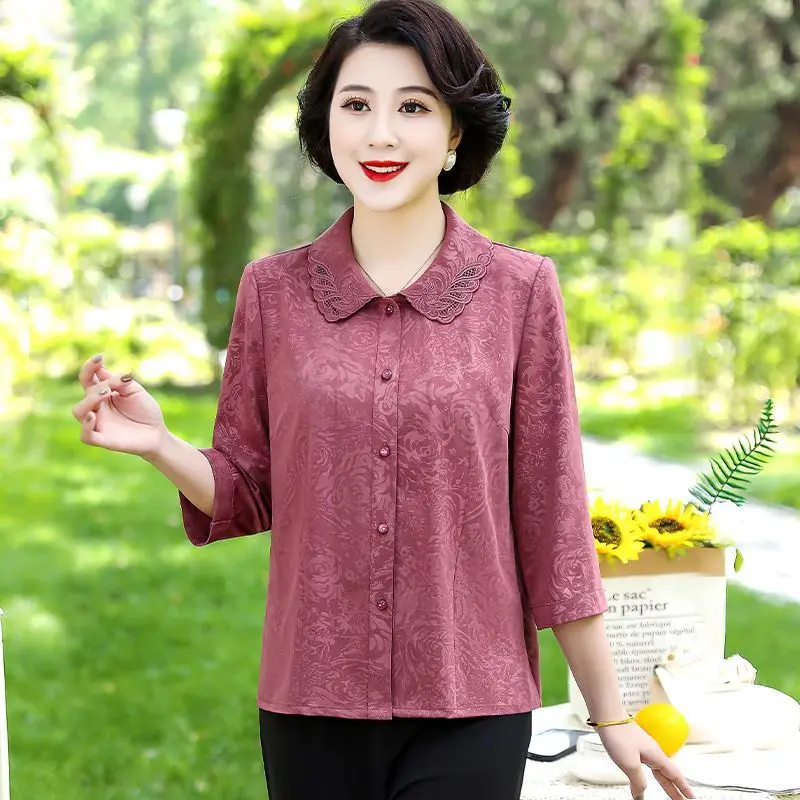 Women Lace Collar Jacquard Blouse Loose Plus Size Three Quarter Sleeve Summer Top For Elderly Moms S-5XL