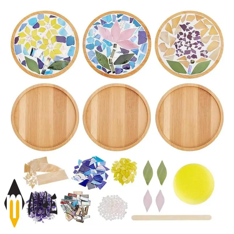 

DIY Mosaic Craft Set 3 Sets Floral Bamboo Coasters Set With Round Coaster Base Handmade Coasters Home Furnishing