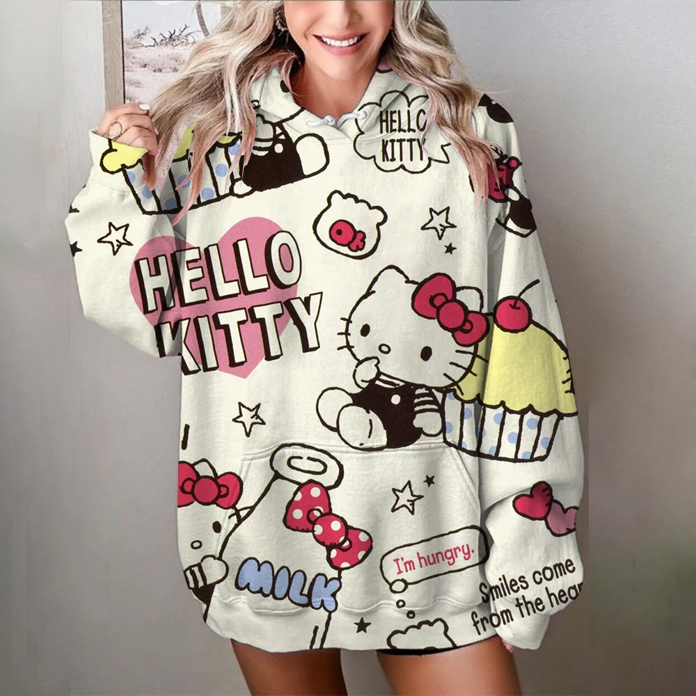 Autumn HELLO KITTY Print Hooded Women Pullovers Casual White Pink Loose Long Sleeve Thin Chic Hoodies Plus Size Women Sweatshirt