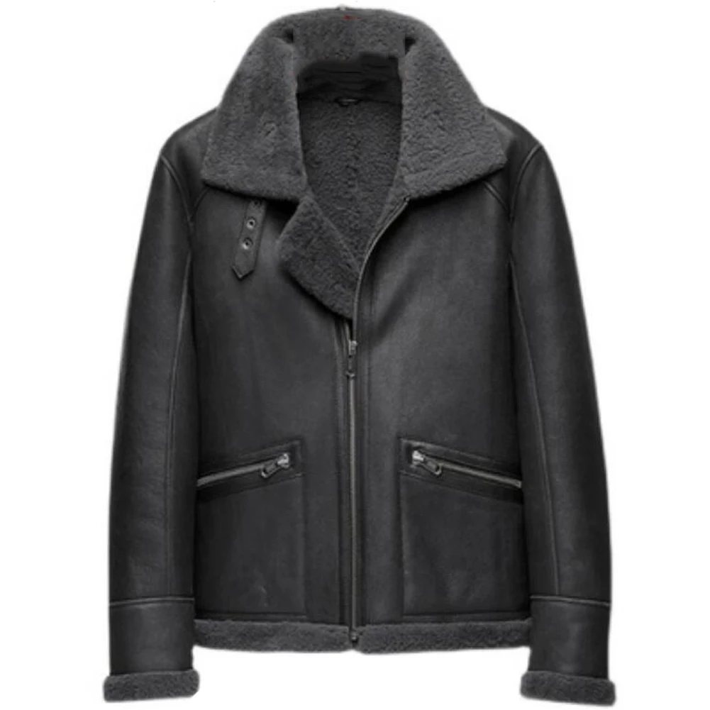 

Denny&Dora Short Sheepskin Coat For Men Leather Shearling Bomber Jacket Men Smoke Grey Leather Jacket