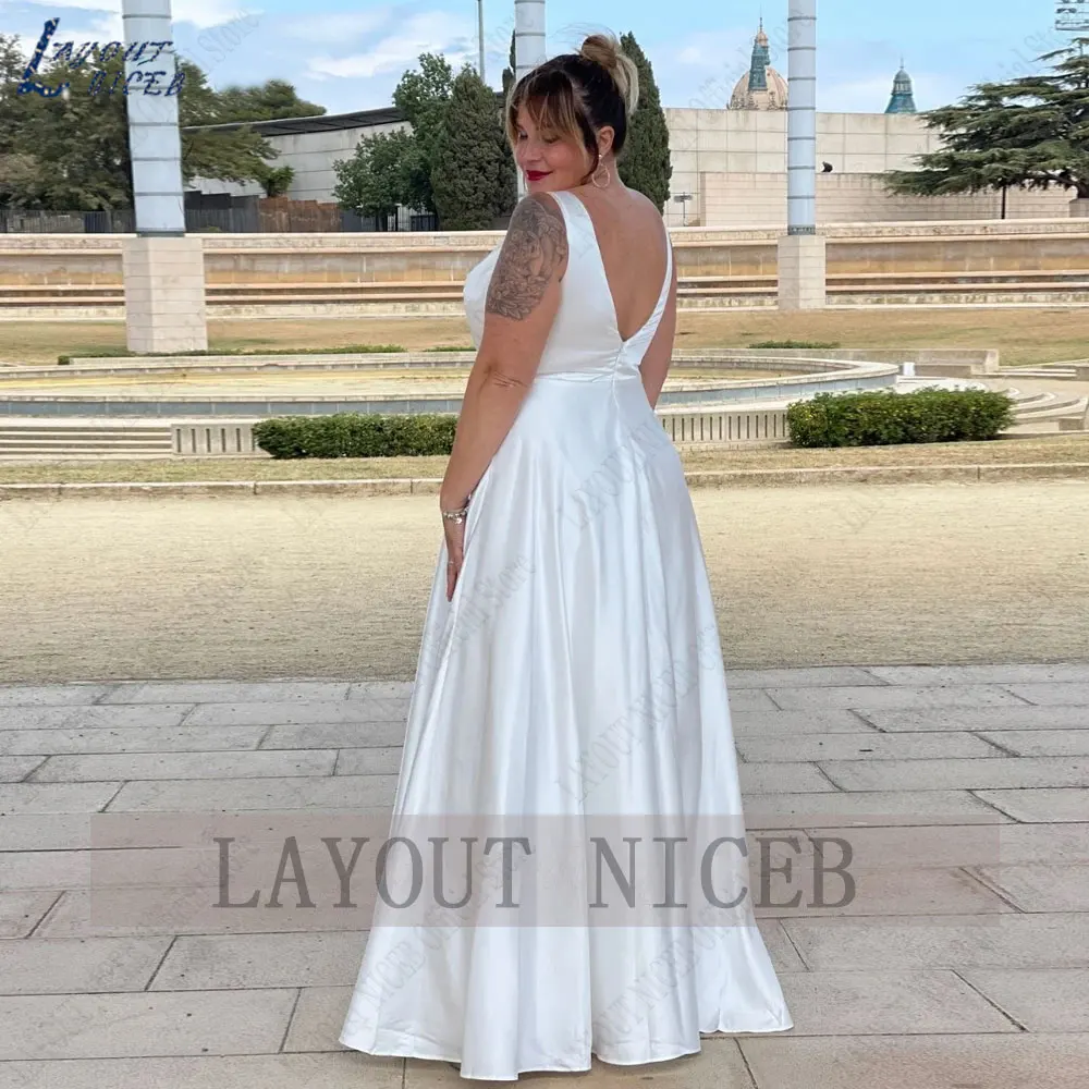 Layout niceb einfache Plus Size Satin Brautkleider Spaghetti träger V-Ausschnitt Brautkleid rücken frei ärmellose Vestidos Femenino 2024Layout niceb einfache Plus Size Satin Brautkleider Spaghetti träger V-Ausschnitt B