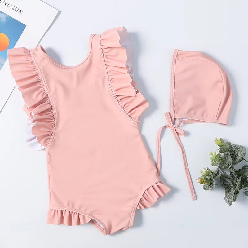 One Piece Swimwear Baby Girl Solid Strap Swimsuit with Cap Ruffle Swimming Suit Children Little Girls Holiday Beach Wear Bikini