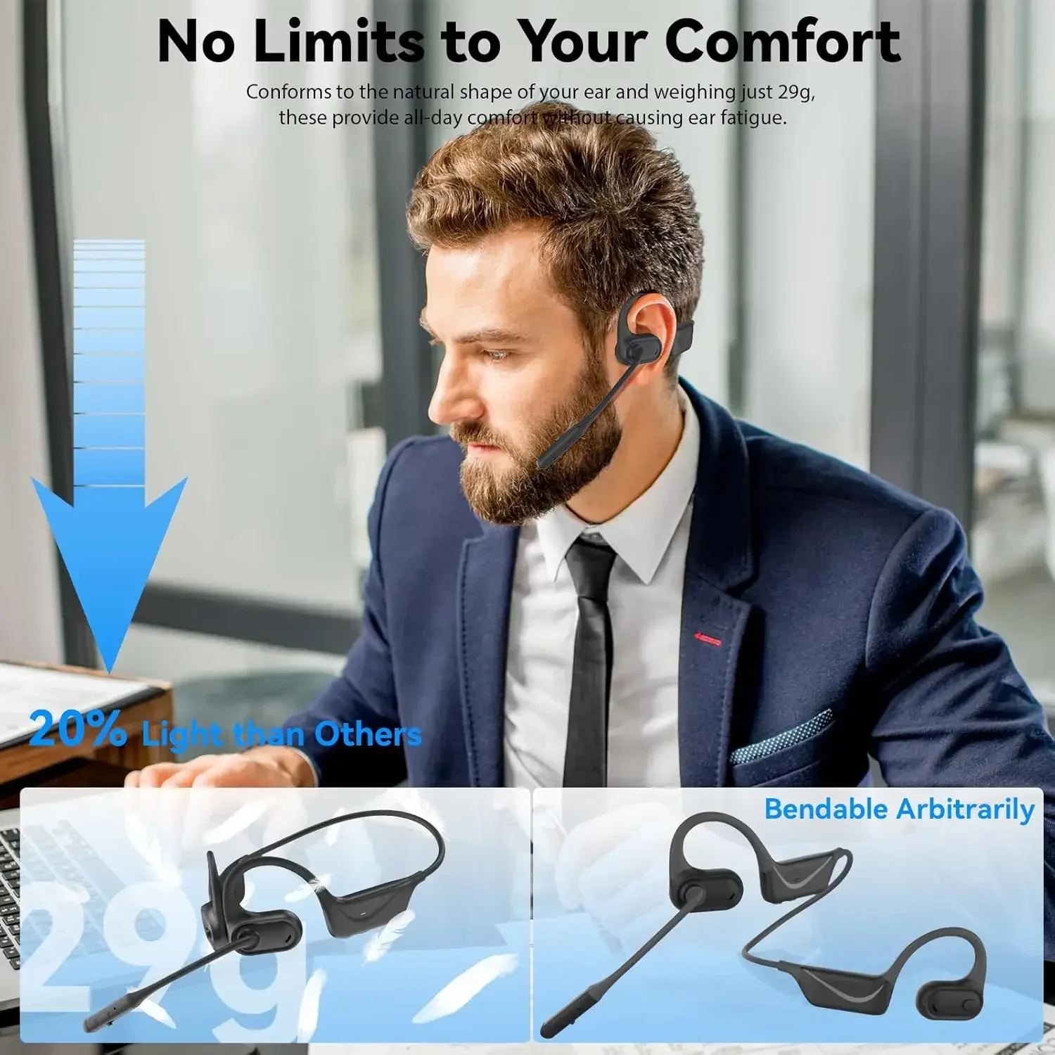 Open Ear Headphones with Mic, Lightweight Bluetooth 5.4 Headset with Microphone Noise Cancelling Mute Button, Wireless Headset