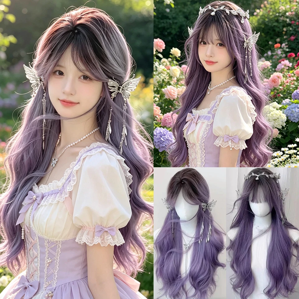 Synthetic Gray Ppurple With Bangs Gradient Long Curly Hair Ladies Wig Daily Wear Party COS Lolita Wig for Halloween Christmas