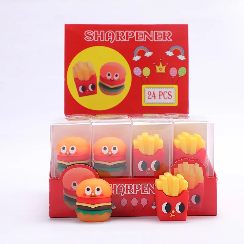 24pcs/lot Hamburger Pencil Sharpener Creative French Fries Hand Mechanical Cutter Knife Stationery Gift School Supplies