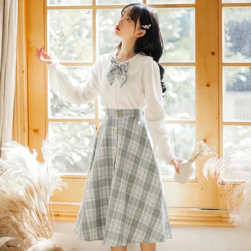 

Новинка Весна-Лето: Женский комплект в французском стиле, колледж-стиль 2026, юбка миди в клетку с завышенной талией