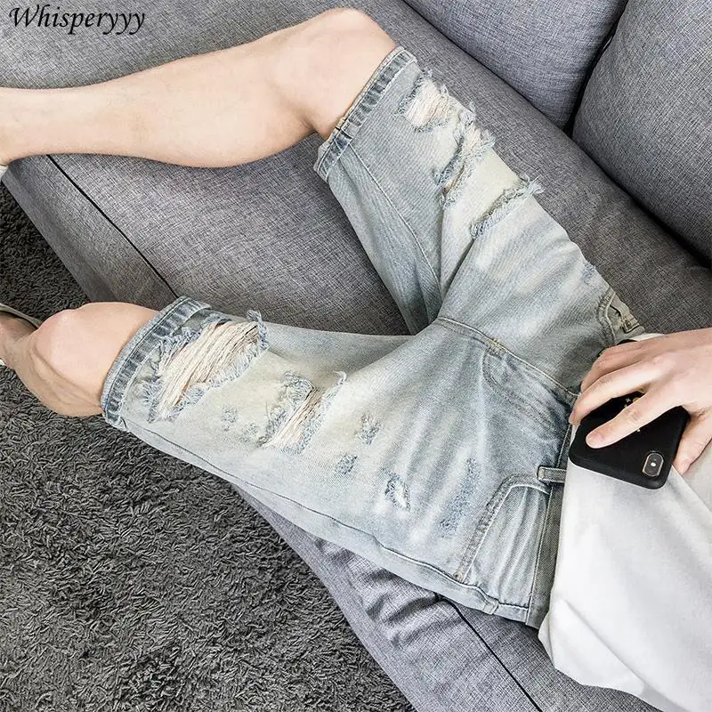 デニムショーツ男性服夏韓国ストレート 5 点パンツヒップホップカジュアルポケットリッピングジーンズパンツ男性ストリート