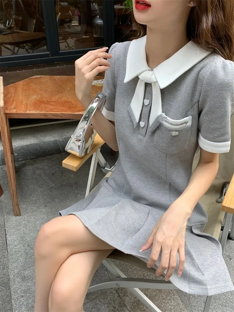 Academy Sweet Bow Pleated Dress Women Polo Neck Contrast Color Korean Fashion Summer Temperament Sport College Casual Lady Wear