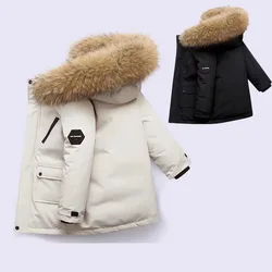 -30℃ Winter Kids Padded Jacket Children Thick Plus Velvet Warm Parkas Coat Boys Girls Fur Collar Hooded Cotton Clothes Outerwear