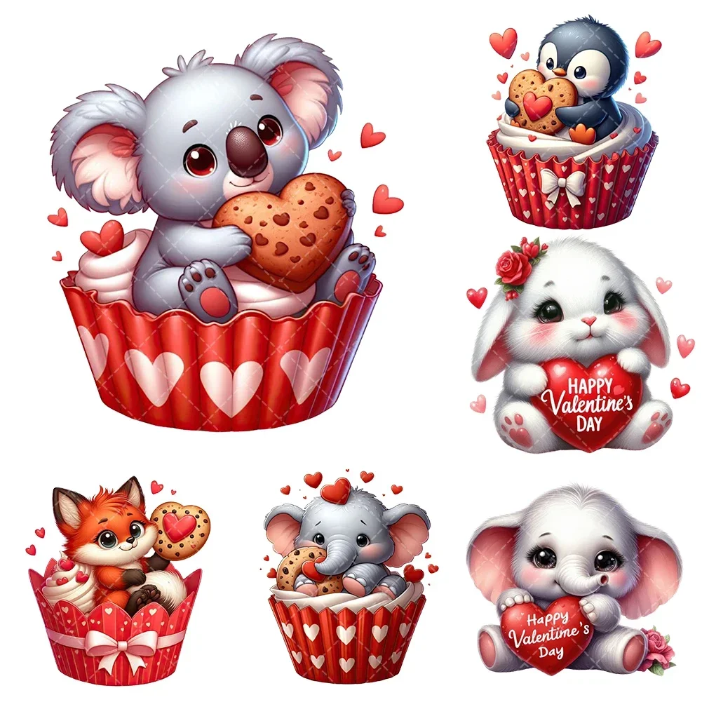 Valentine Animal Cake Iron On Heat Transfer Stickers For Clothes DTF Pinted Vinyl Thermal Appliques Washable T-Shirt Decal