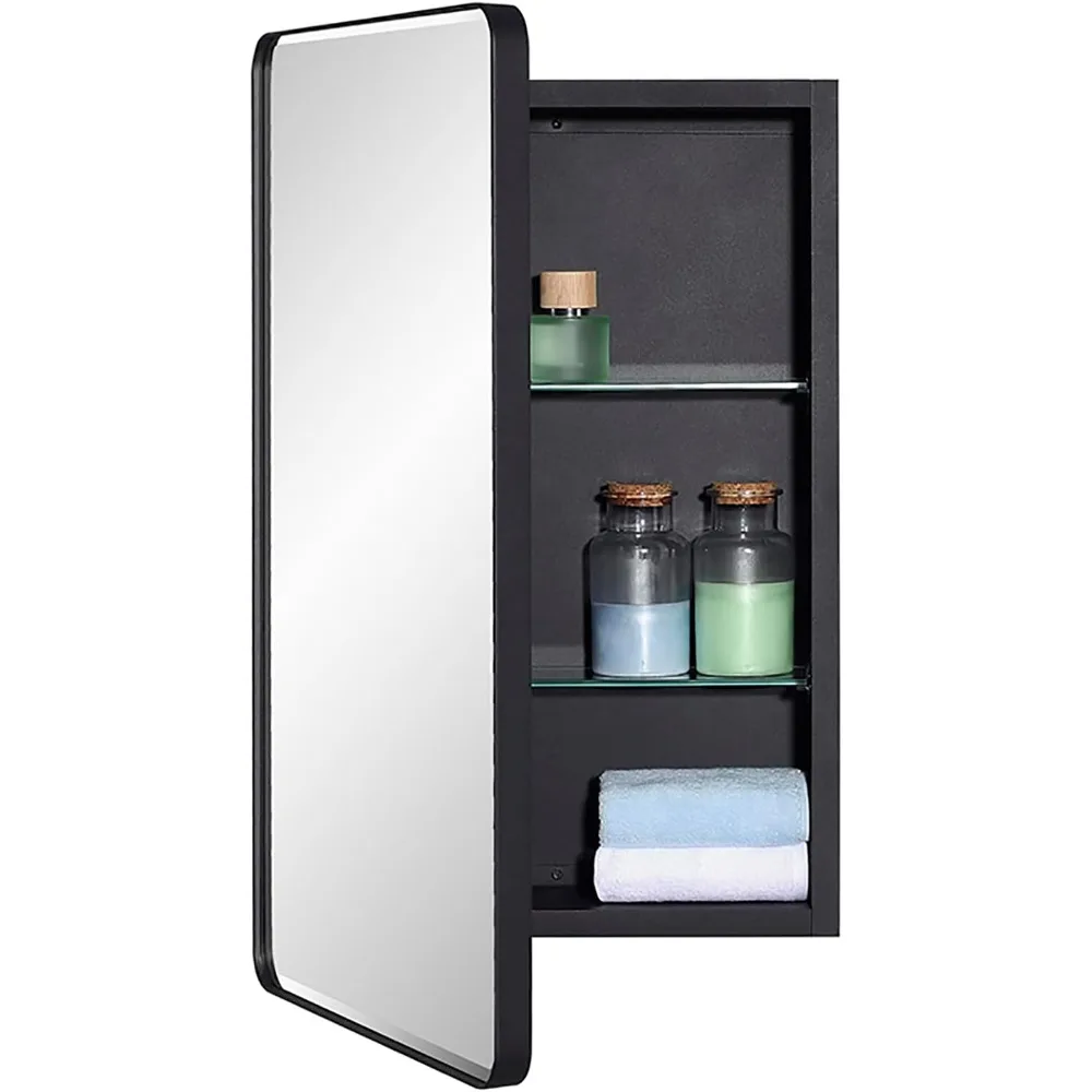 

Black Bathroom Mirror Medicine Cabinet with Round Corner Framed Door and Beveled Edge Mirror 15 x 25 inch