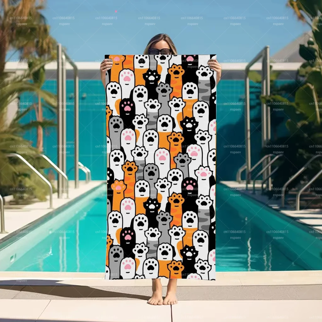 Cute Cat Paw Print Beach Towel, Quick Dry Microfiber Bath Towel for Cat Lovers Summer