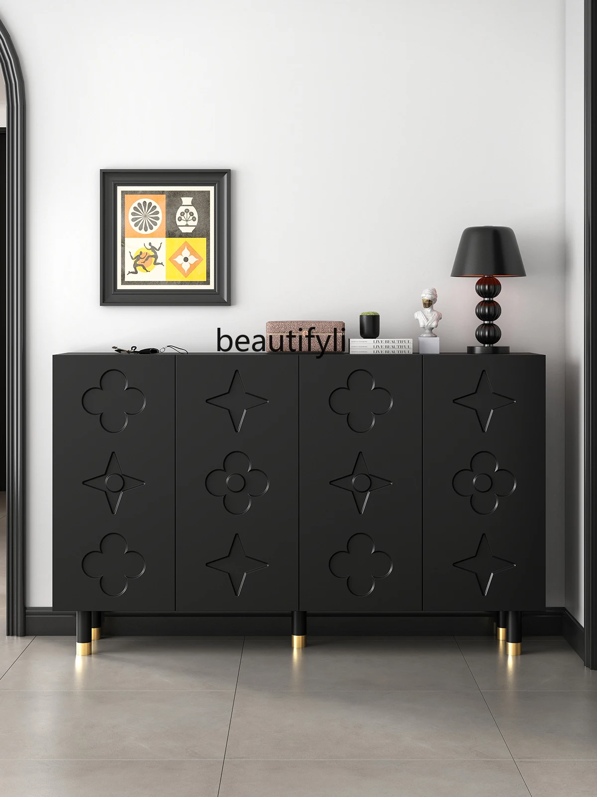 French Entry Lux Black Shoe Cabinet Large Capacity Home Entrance Cabinet Living Room Retro Locker