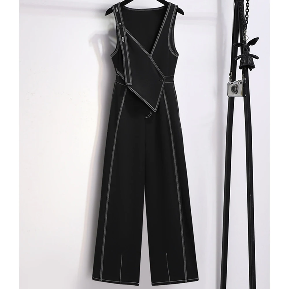 

Korean Style Women Denim Jumpsuit Pants Early Autumn Chic Design High Waist Wide Leg Straight Jeans Fashion Casual Overalls