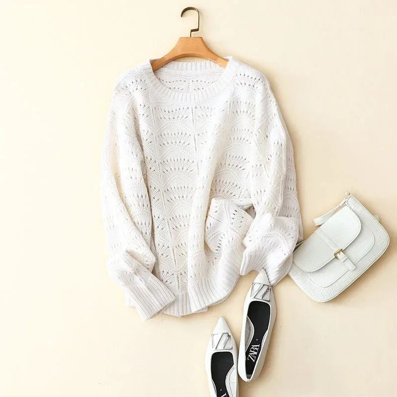 korean fashion loose women knitted sweater oversized hollow out designs brand 100% cashmere winter pullovers