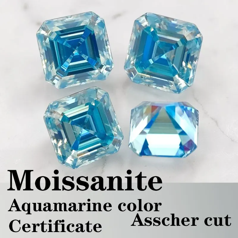 

Moissanite VVS1 Square Shape Asscher Cut Aquamarine Color Certificate Synthetic Gemstone