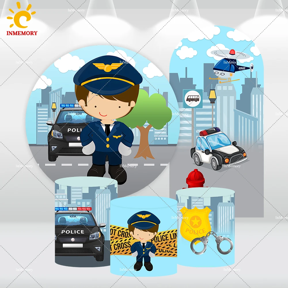 خلفية قوس مستديرة حول موضوع الشرطة ، ديكور خلفية حفلة عيد ميلاد ، مستلزمات photoboth ، سيارة دورية ليلية للمدينة ، غطاء صبي شرطي