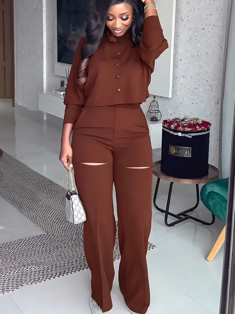 Women Trend Stand Neck Two Piece Sets Long Sleeve Shirt Tops Outfits Trousers Sets Solid Shirts Wide Leg Hole Pants Casual Suit