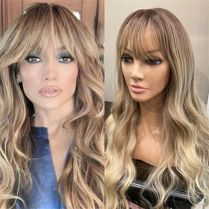 Long Wavy Blonde Brown Wig With Highlight And Bangs Lace Front Synthetic Wig With Bangs Realistic Hairline Wig For Women Cosplay