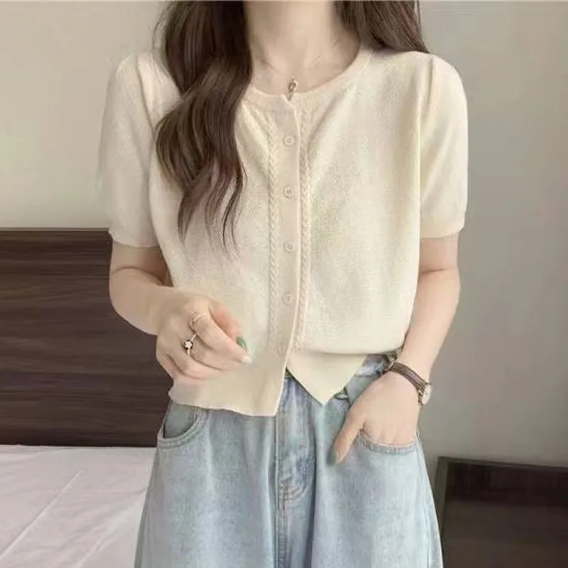 

2026 Summer New Short Sleeve Knitted Sweater Women Cardigans O-Neck White Knit Sweater Cardigan Women Tops Sueter Feminino Q4542