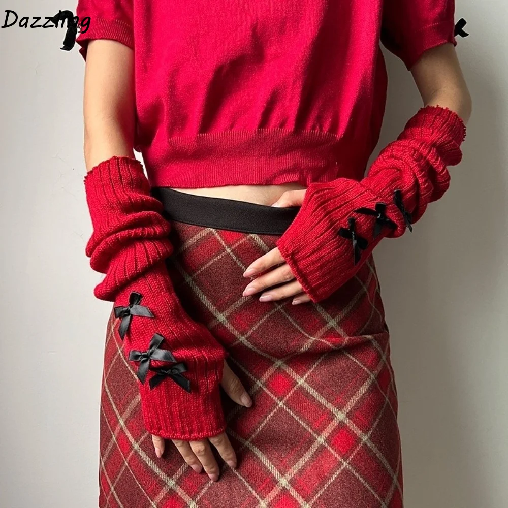 Preppy Slouchy Bow Knitted Arm Warmers Stacked Windproof Y2K Fingerless Gloves Long Warm And Comfortable Wrist Cuffs Autumn