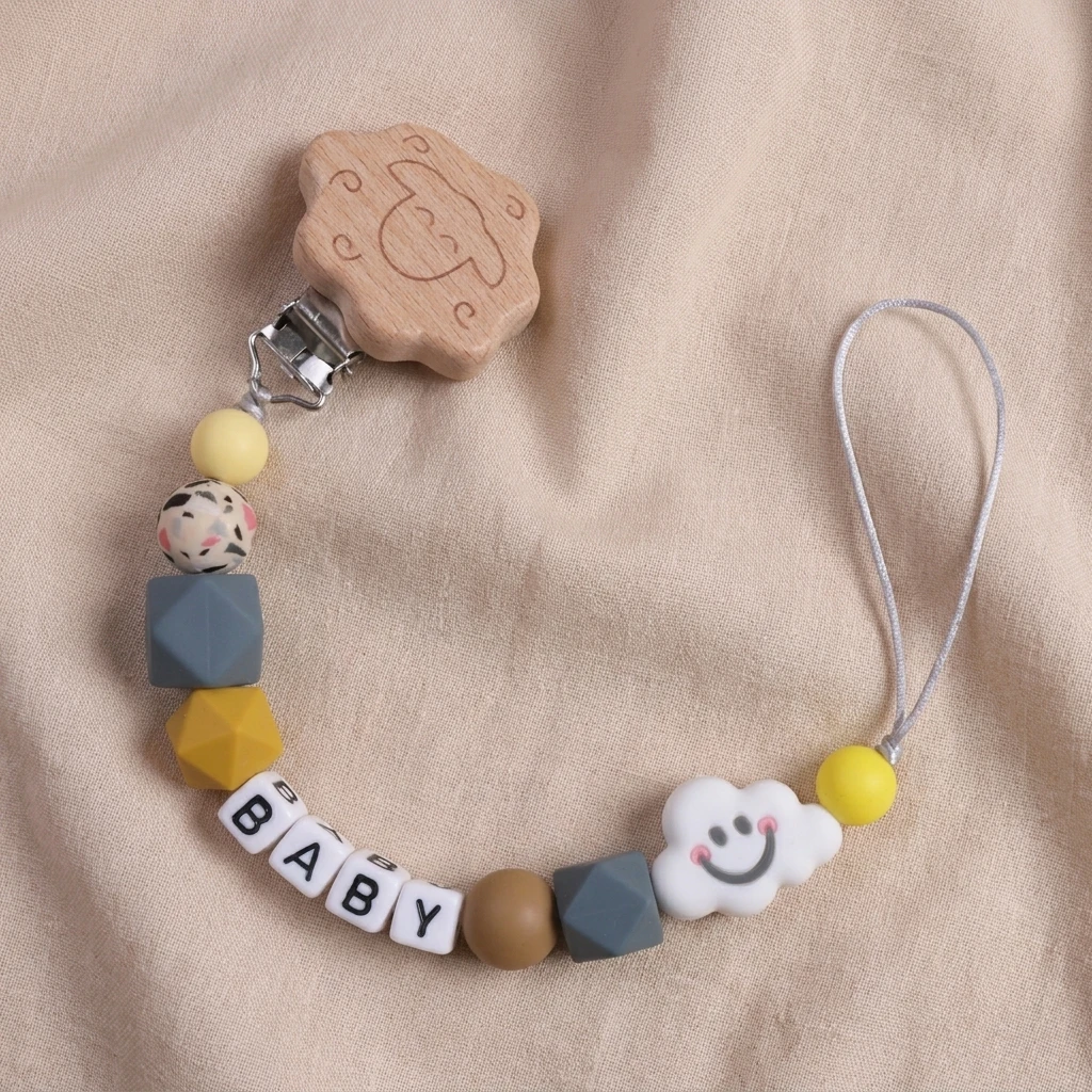 Custom Baby Name Dummy Chain Cute Cloud Silicone Teething Toy Wooden Sheep Clip BPA Free Newborn Chew Safe Gift - view 3