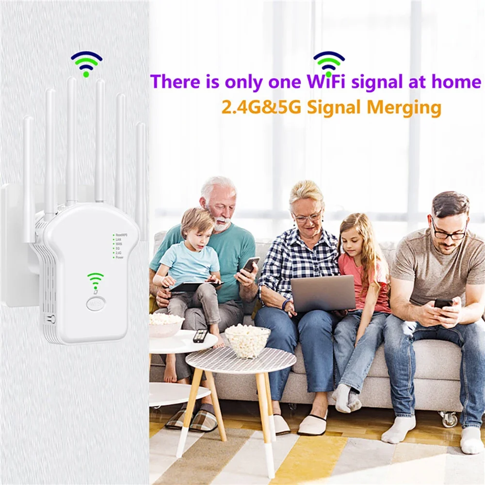 1200Mbps Wireless WiFi Repeater WiFi Signal Repeater Dual-Band 2.4G 5G WiFi Extender 6 Antenna Network Amplifier WPS WiFi Router