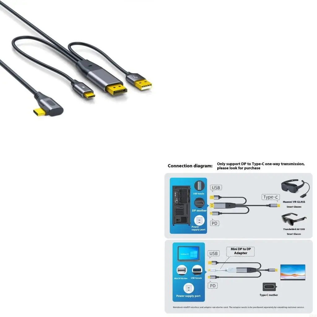USB C To DisplayPort 4K@60Hz Cable Touch Function Support For Nreal Xreal L Mobile Screens Glasses Gaming Systems HX5E