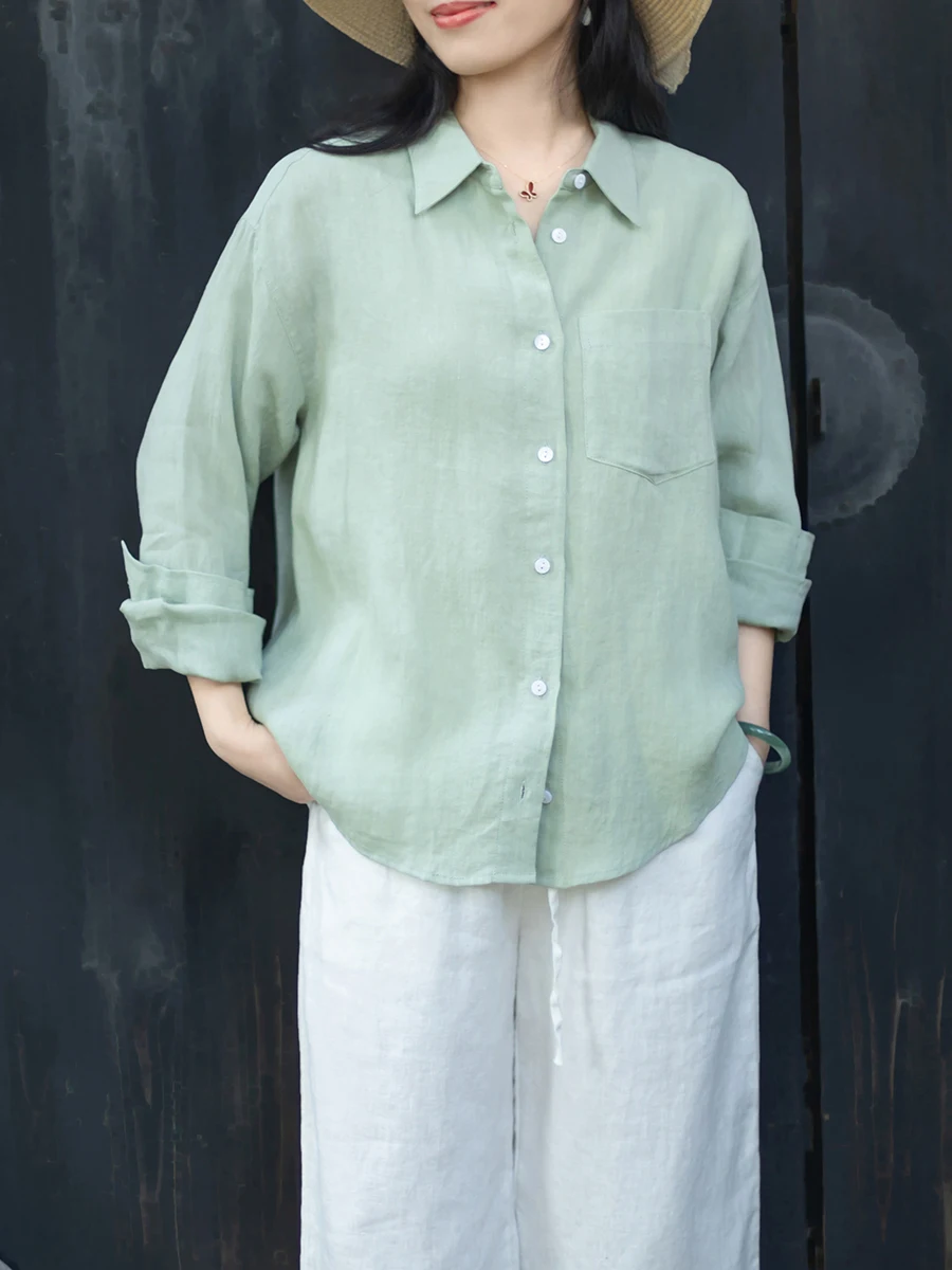 

Jiangnan Minimalist Linen Cotton Shirt Women's Long Sleeve Turn-down Collar Commute Slimming Top Breathable Moisture-wicking