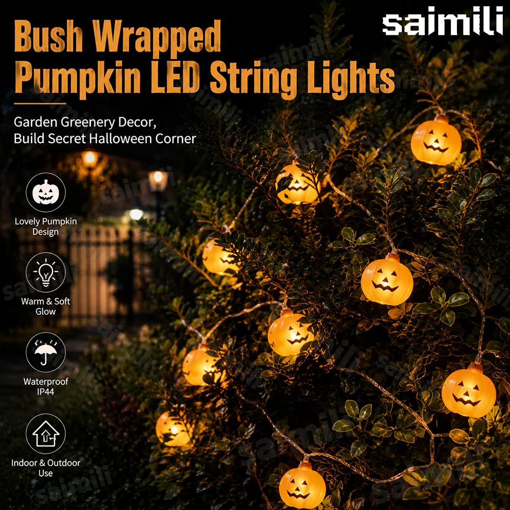 Halloween Pumpkin String Lights Battery Powered IP44 Waterproof Warm Orange Lights Indoor Yard Balcony Bedroom Bar Party Decor