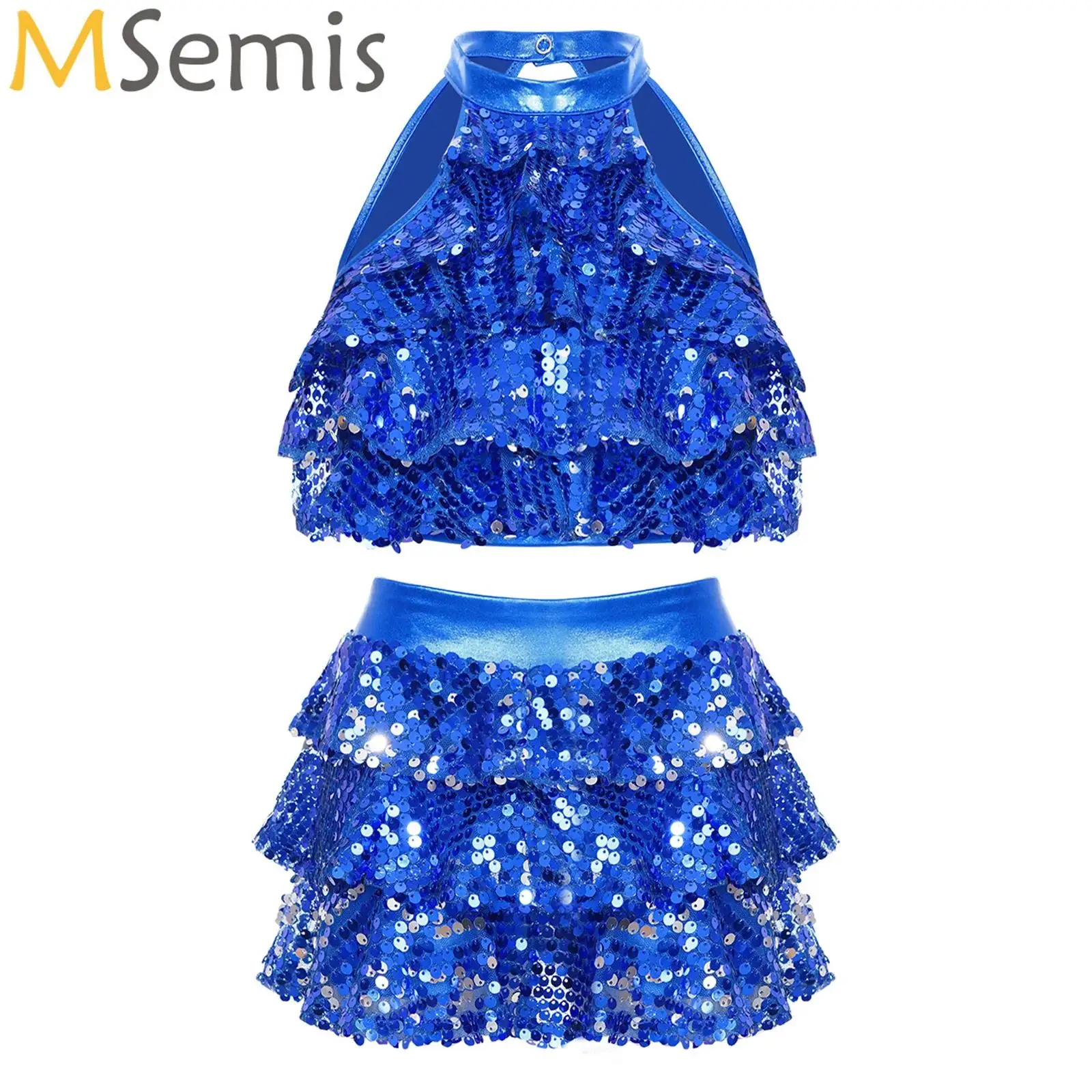 

Shiny Girls Ballet Dance Dress Costume Sequin Crop Top Skirts Ballroom Jazz Dancewear Set Hip Hop Ballroom Performance Clothes